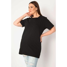 Şans Kadın Siyah Büyük Beden Bisiklet Yakalı Kısa Kollu Oversize Bluz