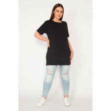 Şans Kadın Siyah Büyük Beden Bisiklet Yakalı Kısa Kollu Oversize Bluz