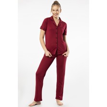 Türen Kadin Düz Kisa Kollu Gömlek Yaka Pijama Takimi 3368/Bordo
