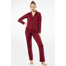 Türen Düz Uzun Kollu Gömlek Yaka Pijama Takım 3365/BORDO