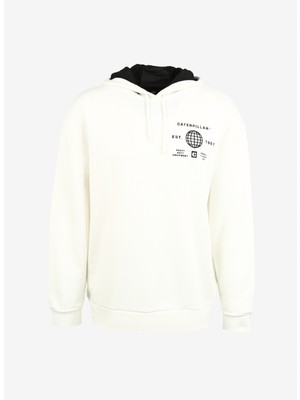Caterpillar Ekru Erkek Kapüşonlu Loose Fit Baskılı Sweatshirt C3WM-SWT19