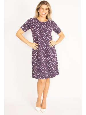 Şans Kadın Renkli Büyük Beden Bisiklet Yakalı Desenli Elbise