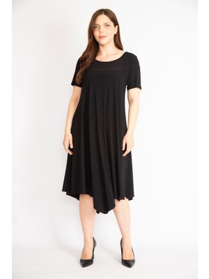 Şans Kadın Siyah Büyük Beden Evaze Kesim Kısa Kollu Likralı Elbise