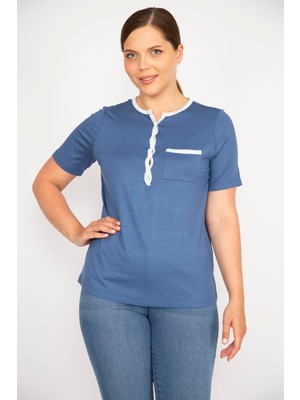 Şans Kadın Mavi Büyük Beden Ön Pat Düğmeli Peto Cepli Kısa Kol Bluz