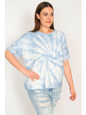 Şans Kadın Mavi Batik Desenli Kol Ağzı Dantel Detaylı Bluz 65N33289