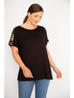 Şans Kadın Siyah Büyük Beden Omuzları Lak Baskı Ve Taş Detaylı Bluz