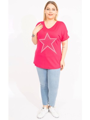 Şans Kadın Fujya Büyük Beden Taş Detaylı Kısa Kollu Bluz 65N35654