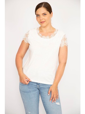 Şans Kadın Kemik Büyük Beden Pamuk Kumaş Yaka Ve Kolları Dantel Bluz