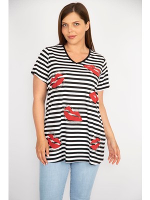 Şans Kadın Siyah Büyük Beden Taş Detaylı V Yakalı Çizgili Bluz