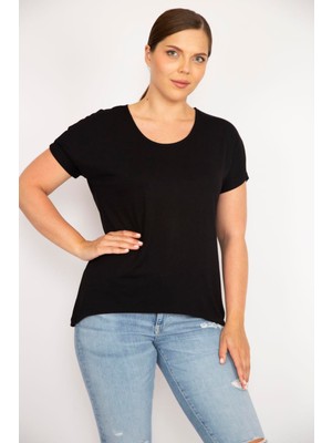 Şans Kadın Siyah Büyük Beden Bisiklet Yakalı Kısa Kollu Arkası Uzun Bluz