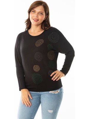 Şans Kadın Büyük Beden Siyah Taş Detaylı Yarasa Kol Bluz 65N36864