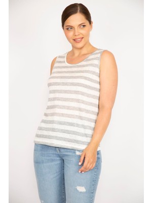 Şans Kadın Gri Büyük Beden Bisiklet Yakalı Kolsuz Çizgili Bluz