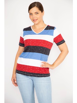 Şans Kadın Renkli Büyük Beden Pamuklu Kumaş V Yakalı Kısa Kollu Bluz