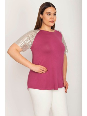 Şans Kadın Büyük Beden Mor Kolları Payet Detaylı Bisiklet Yakalı Bluz 65N36882