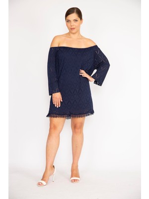 Şans Kadın Büyük Beden Lacivert Delikiş Kumaş Yakası Lastikli Astarlı Tunik