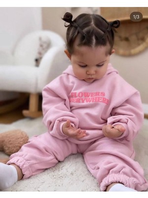 Teeny Weeny Yeni Sezon Çocuk Pembe Sloganlı Pamuklu Kapüşonlu Sweatshirt Eşofman Alt-Üst Takım