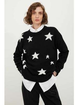ROMAN Yıldız Desenli V Yaka Yün Kazak Siyah-Beyaz K2473004_210