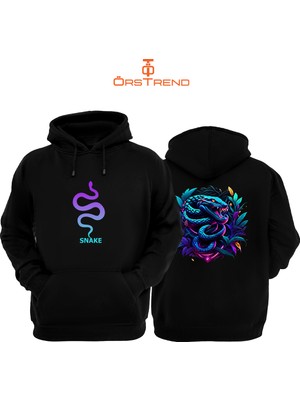 Ors Trend Snake Devil Baskılı 3 Iplik Unisex Siyah Kapüşonlu Sweatshirt