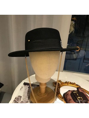 Xhltd Kadınlar Siyah Ingiliz Yün Şapka Moda Parti Düz En Geniş Brim Fedora Şapka Zincir Kayış Pin Lady Kilisesi Düğün Şapka Porkpie Tarzı | Erkekler Fedoraları (Yurt Dışından)