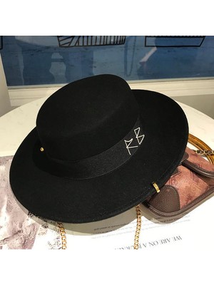 Xhltd Kadınlar Siyah Ingiliz Yün Şapka Moda Parti Düz En Geniş Brim Fedora Şapka Zincir Kayış Pin Lady Kilisesi Düğün Şapka Porkpie Tarzı | Erkekler Fedoraları (Yurt Dışından)