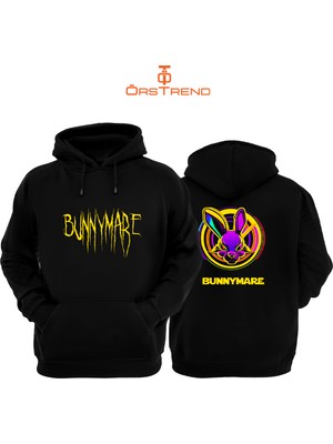 Ors Trend Bunnymare Baskılı 3 Iplik Unisex Siyah Kapüşonlu Sweatshirt