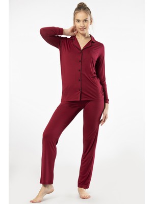 Türen Düz Uzun Kollu Gömlek Yaka Pijama Takım 3365/BORDO