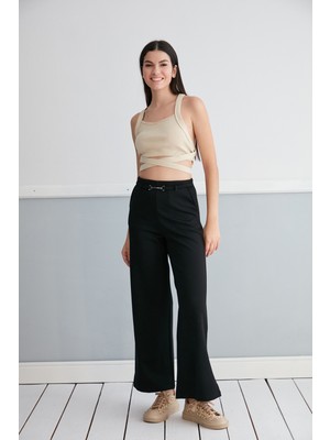 Thin Shop Günlük Yüksek Bel Esnek Siyah Cepli Palazzo Pantolon Kemer Detaylı