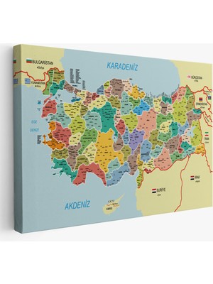 Stok Shop Türkiye Haritası Kanvas Tablo Il ve Ilçeli Ayrıntılı Eğitici  Komşulu Tablo 3006