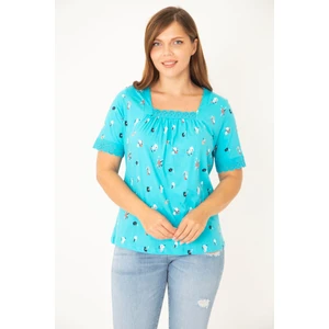 Kadın Lacivert Büyük Beden Pamuk Kumaş Yaka Ve Kolları Dantel Detaylı Bluz