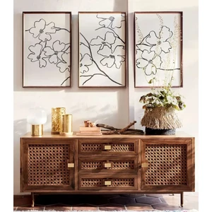 Wooden Factory Ahşap Çerçeveli Çiçek Desenli 3lü Dekoratif Tablo Seti