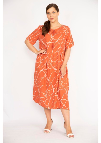 Kadın Oranj Büyük Beden Dokuma Viskon Kumaş Kısa Kollu Elbise