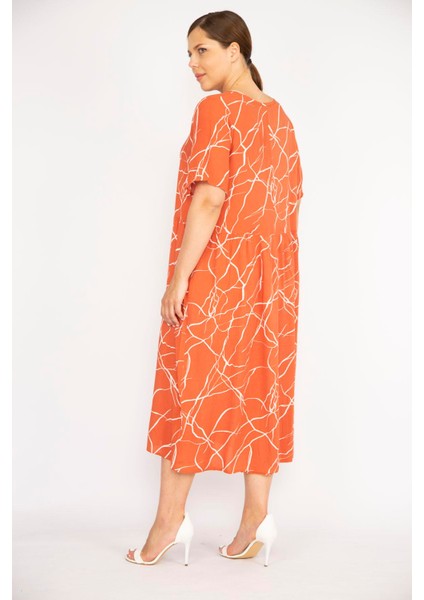 Kadın Oranj Büyük Beden Dokuma Viskon Kumaş Kısa Kollu Elbise