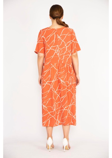 Kadın Oranj Büyük Beden Dokuma Viskon Kumaş Kısa Kollu Elbise