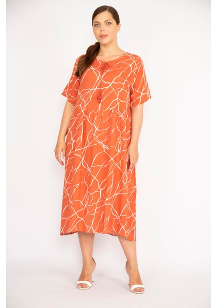 Kadın Oranj Büyük Beden Dokuma Viskon Kumaş Kısa Kollu Elbise