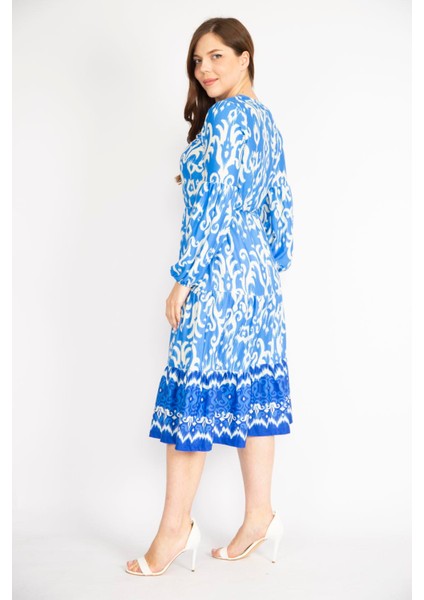 Kadın Saks Büyük Beden V Yakalı Bel Ve Kol Ağzı Lastik Detaylı Kat Kat Elbise