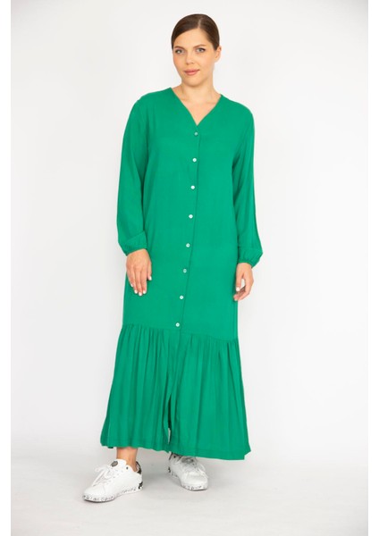 Kadın Yeşil Büyük Beden Dokuma Viskon Kumaş Ön Boy Düğmeli Uzun Kollu Elbise