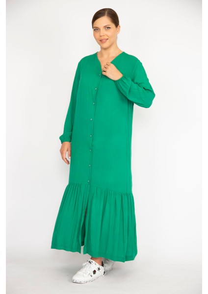 Kadın Yeşil Büyük Beden Dokuma Viskon Kumaş Ön Boy Düğmeli Uzun Kollu Elbise