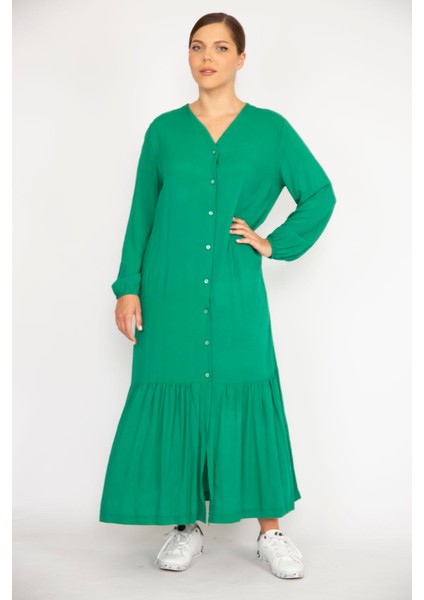 Kadın Yeşil Büyük Beden Dokuma Viskon Kumaş Ön Boy Düğmeli Uzun Kollu Elbise