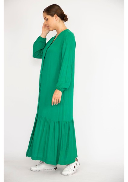 Kadın Yeşil Büyük Beden Dokuma Viskon Kumaş Ön Boy Düğmeli Uzun Kollu Elbise