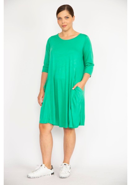 Kadın Yeşil Büyük Beden Bisiklet Yakalı Kapri Kol Cepli Elbise