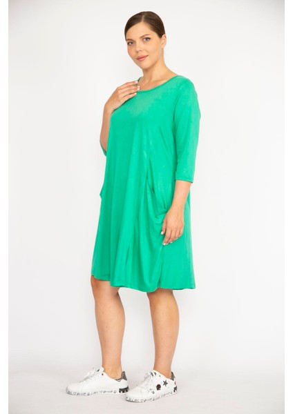 Kadın Yeşil Büyük Beden Bisiklet Yakalı Kapri Kol Cepli Elbise