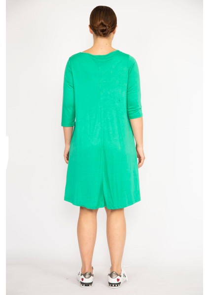 Kadın Yeşil Büyük Beden Bisiklet Yakalı Kapri Kol Cepli Elbise