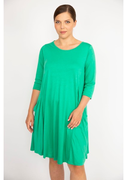 Kadın Yeşil Büyük Beden Bisiklet Yakalı Kapri Kol Cepli Elbise