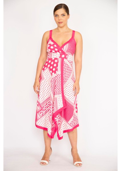 Kadın Pembe Büyük Beden Askılı Anvelop Yakalı Uzun Elbise