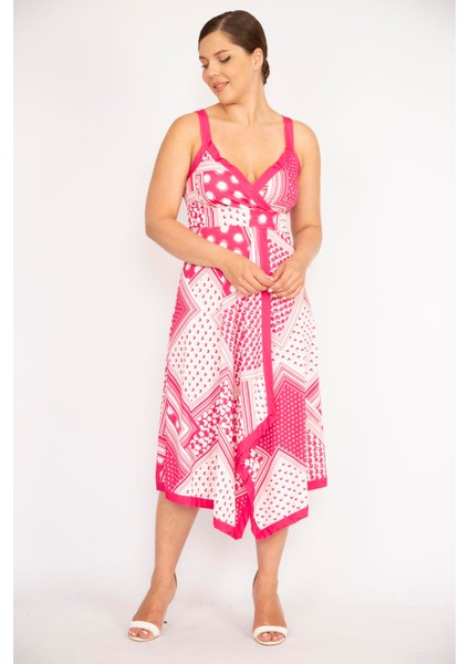 Kadın Pembe Büyük Beden Askılı Anvelop Yakalı Uzun Elbise