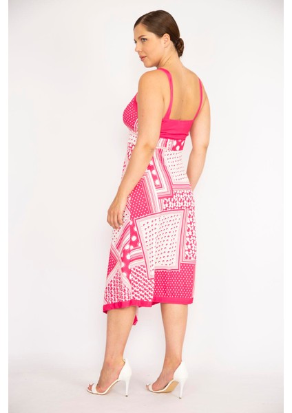 Kadın Pembe Büyük Beden Askılı Anvelop Yakalı Uzun Elbise