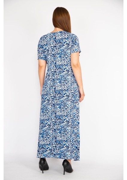 Kadın Mavi Büyük Beden Anvelop Yakalı Likralı Viskon Kumaş Kısa Kollu Uzun Elbise