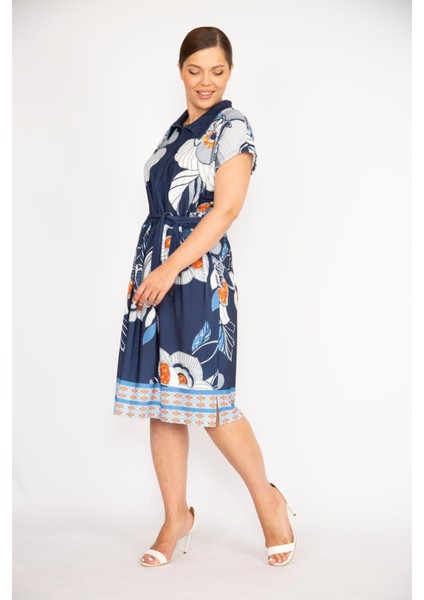 Kadın Lacivert Büyük Beden Yakalı Ön Pat Fermuarlı Beli Kuşaklı Elbise