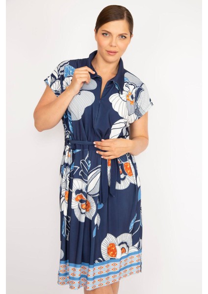 Kadın Lacivert Büyük Beden Yakalı Ön Pat Fermuarlı Beli Kuşaklı Elbise