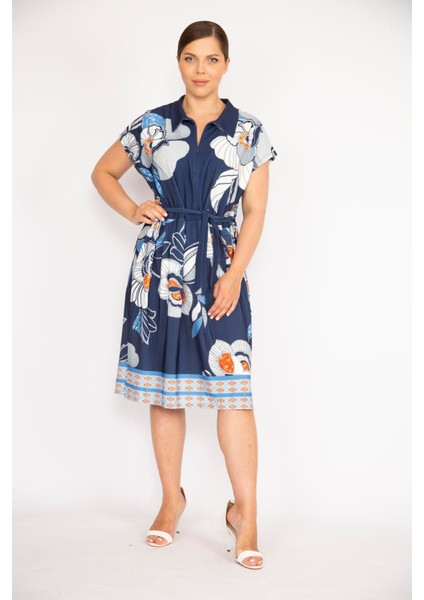 Kadın Lacivert Büyük Beden Yakalı Ön Pat Fermuarlı Beli Kuşaklı Elbise